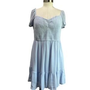Hollister Blue Smocked Babydoll Dress Puff Sleeve Mini Cottagecore Summer Sz XL